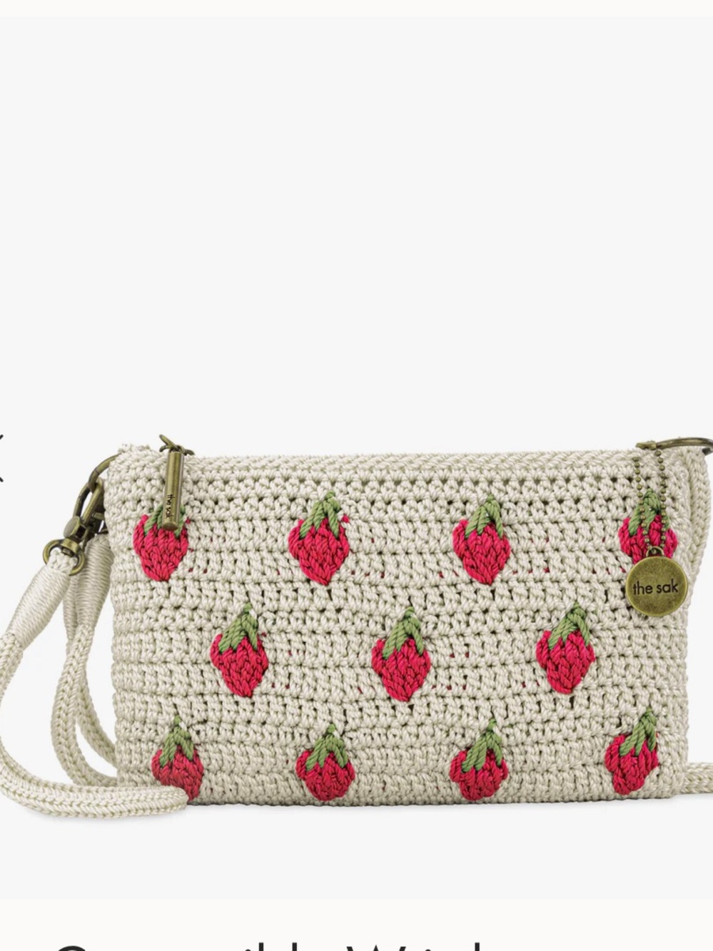The Sak Cream Crochet Crossbody Clutch with Pink Strawberry Embroidery